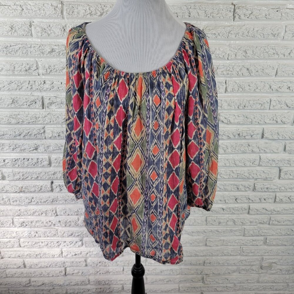 Chaps Women's 1X Plus Tunic Top Blue Red Geometric 3/4 Sleeve Cotton GEO247E